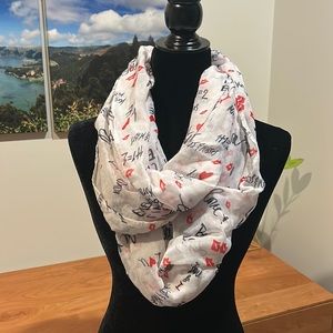 Valentine’s Day infinity scarf white with red hearts and lips with Love sayings